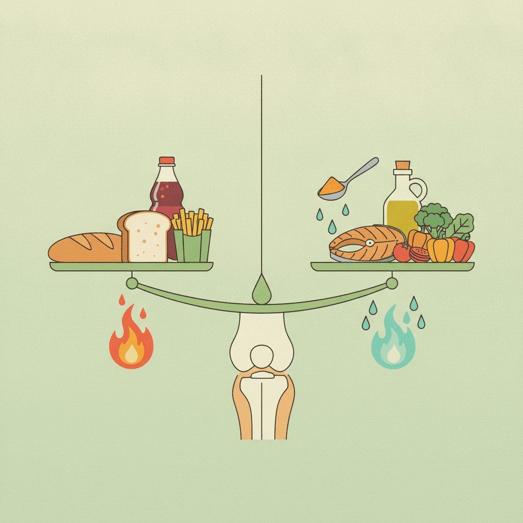 Ilustração de alimentos que acendem e alimentos que apagam o fogo da inflamação perto de uma articulação