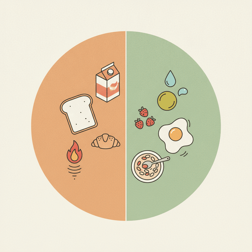 Ilustração de uma mesa de café da manhã dividida entre alimentos que inflamam e alimentos que acalmam