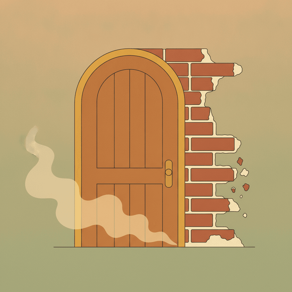 Porta fechada com fumaça escapando por baixo, ao lado de uma parede com a argamassa se soltando