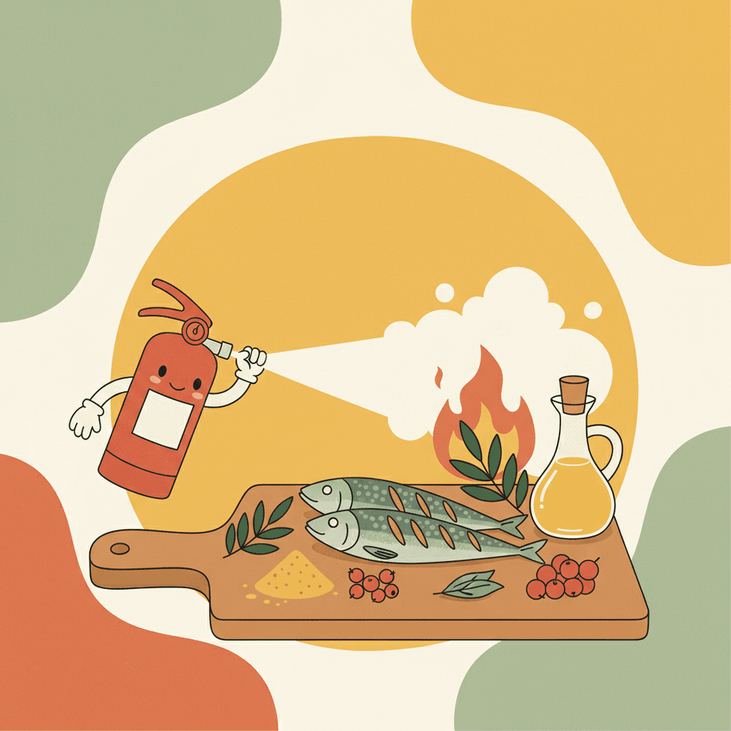 Extintor apagando chamas sobre sardinha, folhas verdes, cúrcuma, frutas vermelhas e azeite.