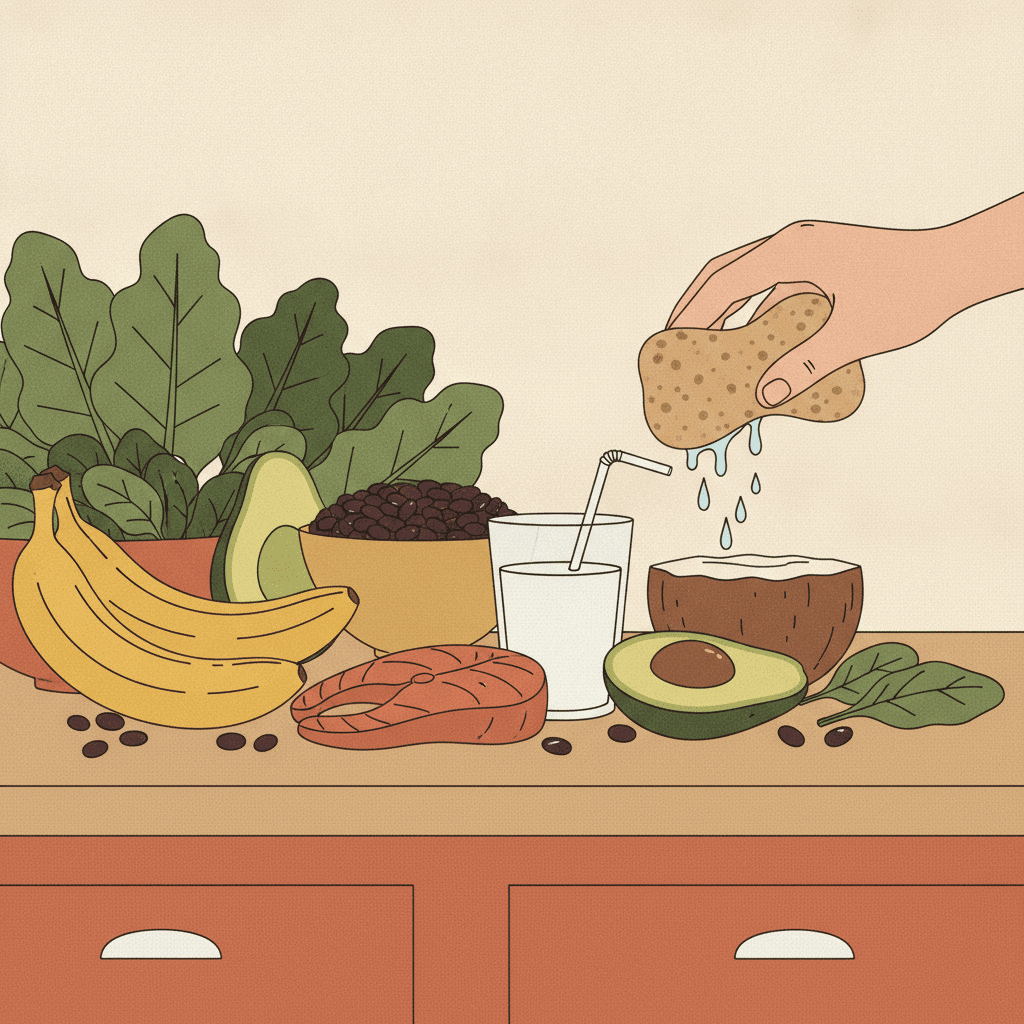 Banana, abacate, folhas verdes, feijão, peixe e água de coco ao lado de uma esponja sendo espremida e escorrendo água.