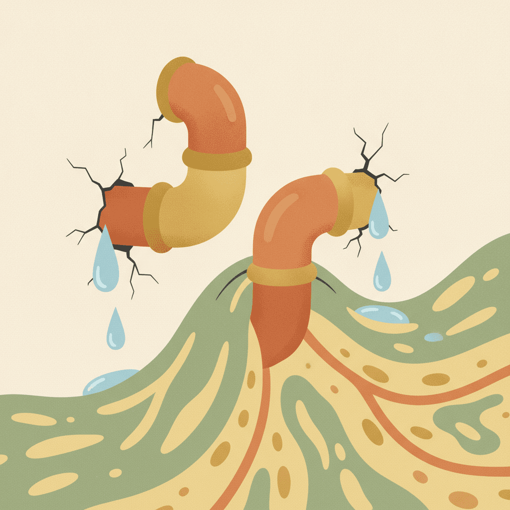 Um encanamento com pequenas frestas vazando gotas de água para um tecido esponjoso ao redor, representando o vazamento dos vasos sanguíneos.
