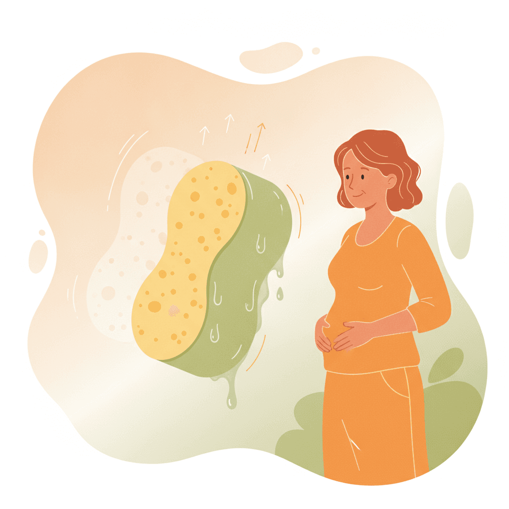 Uma esponja dividida entre o lado seco e leve e o lado encharcado e pesado, ao lado de uma mulher madura tocando a barriga com curiosidade.