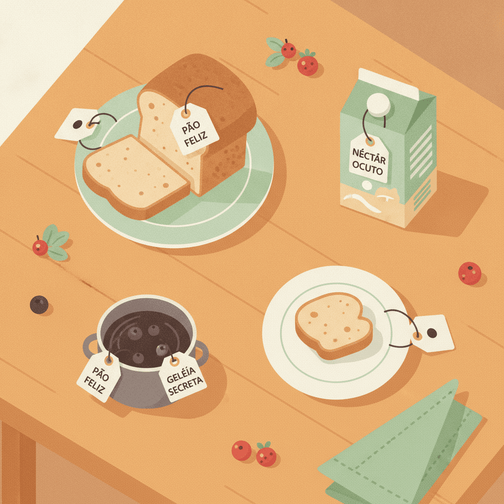 Alimentos do café da manhã usando crachás pendurados, como convidados disfarçados numa mesa farta