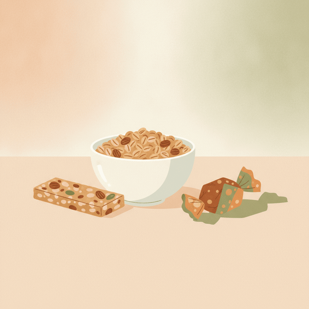 Granola numa tigela ao lado da sombra de um doce, sugerindo um disfarce entre os dois