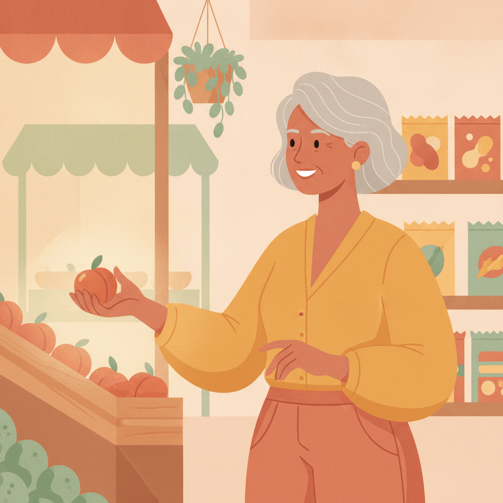 Mulher madura sorridente escolhendo um alimento simples e natural num corredor de mercado
