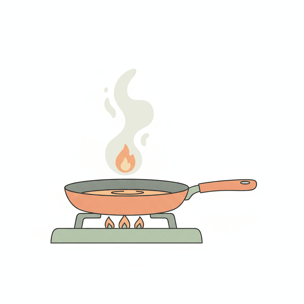 Frigideira com óleo aquecendo no fogo, com fumaça que se transforma no formato de uma chama