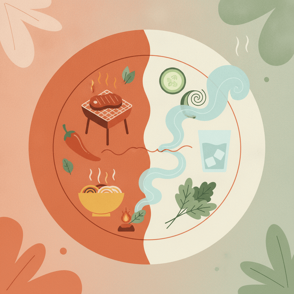 Prato dividido entre alimentos que soltam labaredas e alimentos que soltam vapor fresco apagando o fogo