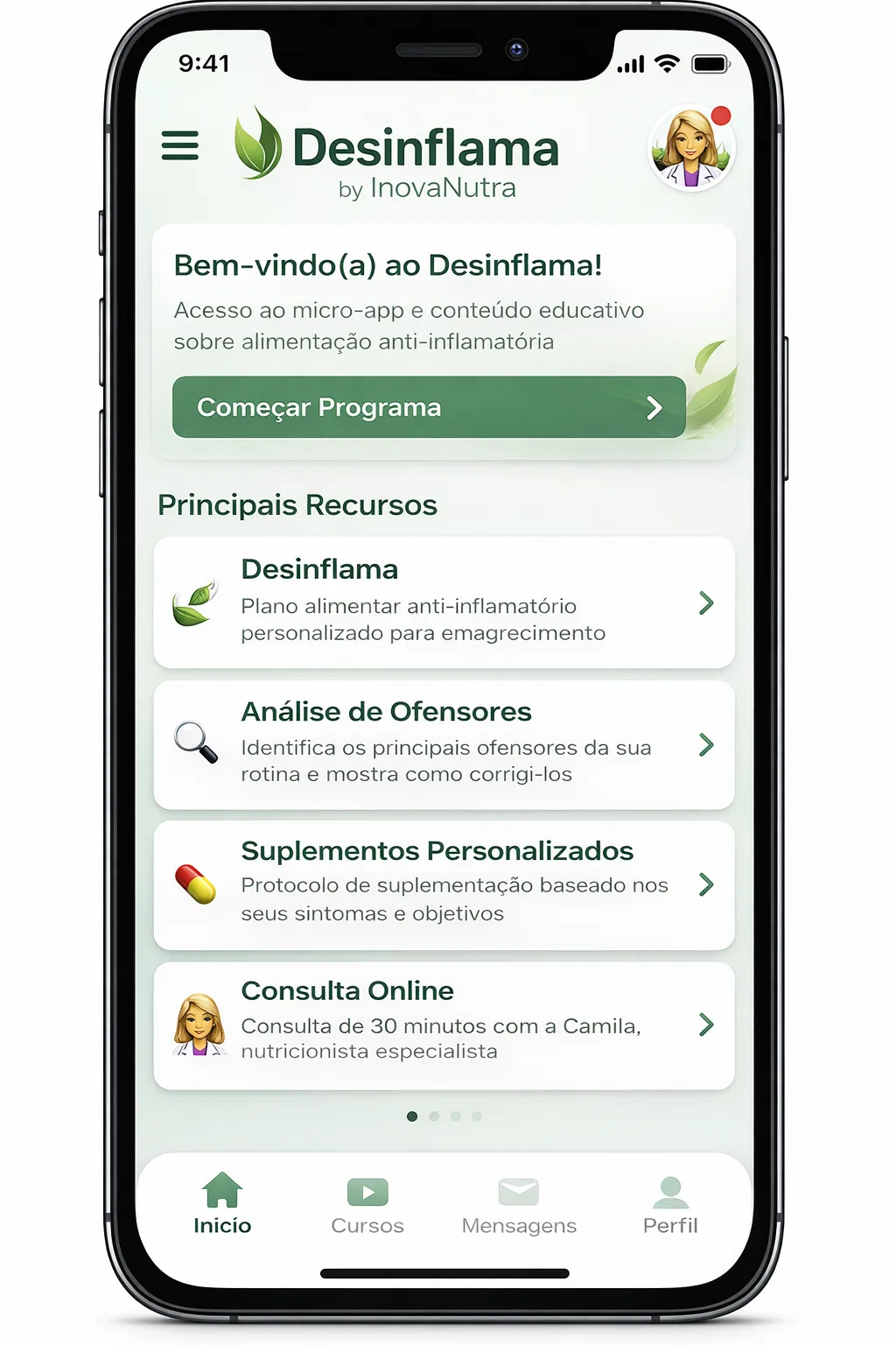 App Desinflama — tela principal